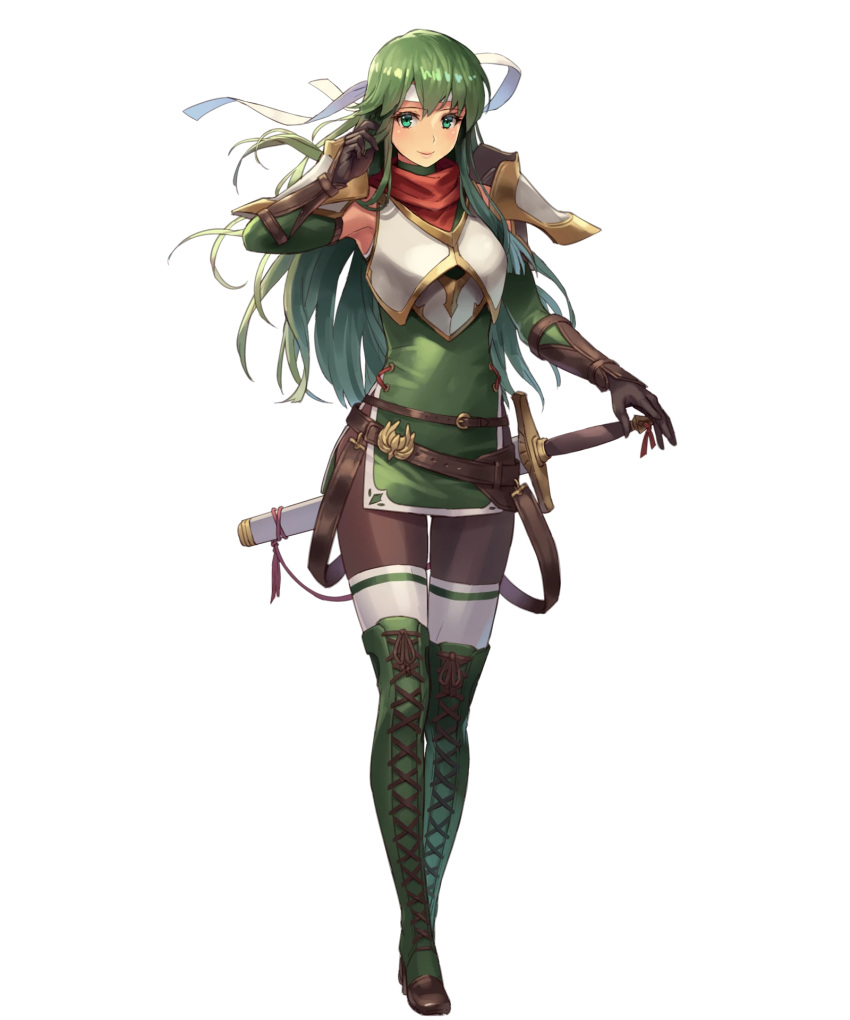 1girl armor belt boots breastplate closed_mouth cross-laced_footwear cuboon dress elbow_gloves female fire_emblem fire_emblem:_mystery_of_the_emblem fire_emblem_heroes full_body gloves green_eyes green_hair hand_up headband highres lace-up_boots long_hair looking_at_viewer official_art pantyhose paola short_dress shoulder_pads simple_background smile standing sword thigh-highs thigh_boots transparent_background weapon