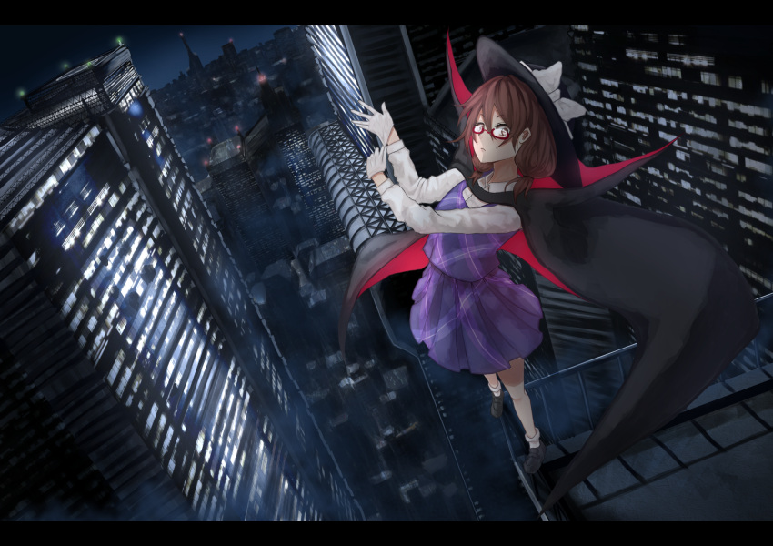 1girl adjusting_clothes adjusting_gloves brown_eyes brown_hair building cape cityscape frown gloves hat hat_ribbon highres letterboxed night plaid plaid_skirt plaid_vest pleated_skirt railing red-framed_eyewear ribbon skirt skyscraper solo standing_on_object surume_(kvpsurume) touhou twintails usami_sumireko vest white_gloves