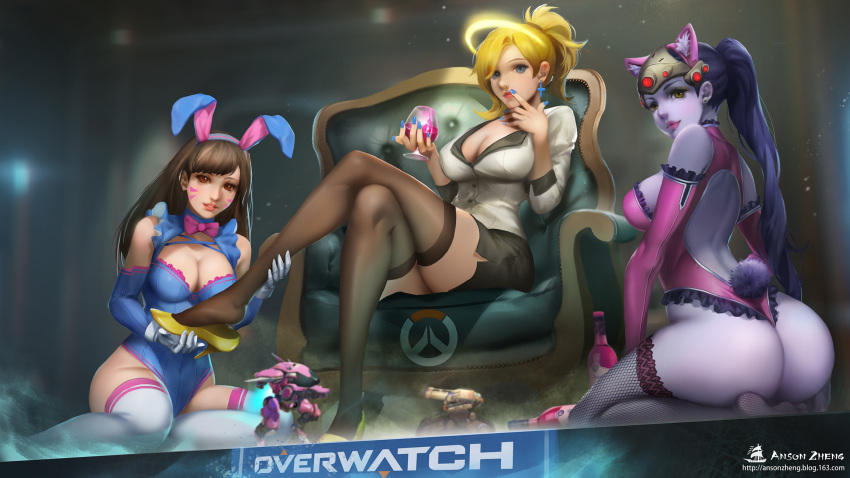 3girls adapted_costume alcohol animal_ears anson_zheng armchair artist_name ass back back_opening bangs bare_shoulders bastion_(overwatch) between_fingers black_legwear black_skirt blonde_hair blue_eyes blue_leotard blue_nails bottle bow bowtie bracer breasts brown_eyes brown_hair brown_legwear bunny_girl bunny_tail bunnysuit buttons cat_ears chair cleavage closed_mouth copyright_name cross cross_earrings cup cupping_glass d.va_(overwatch) dress drinking_glass earrings elbow_gloves emblem eyelashes fake_animal_ears finger_to_mouth fingernails fishnet_legwear fishnets frilled_leotard frills from_behind glass gloves hair_ornament hair_tie hairband halo hand_on_own_face hand_up head_mounted_display high_heels highleg highleg_leotard highres holding holding_glass jewelry kneeling large_breasts legs_crossed leotard lipstick logo long_fingernails long_hair looking_at_viewer looking_back makeup mecha medium_breasts meka_(overwatch) mercy_(overwatch) miniskirt multiple_girls nail_polish nose open-back_dress overwatch parted_lips pencil_skirt pink_bow pink_bowtie pink_lips pink_lipstick ponytail purple_gloves purple_hair purple_hairband purple_leotard purple_lips purple_lipstick purple_skin rabbit_ears ribbed_leotard seiza shirt shoes short_dress shoulder_blades sitting skirt sleeveless sleeves_past_elbows smile strapless strapless_leotard stud_earrings tail thigh-highs thong thong_leotard toy visor watermark web_address white_gloves white_legwear widowmaker_(overwatch) wine wine_bottle wine_glass yellow_eyes yellow_shoes