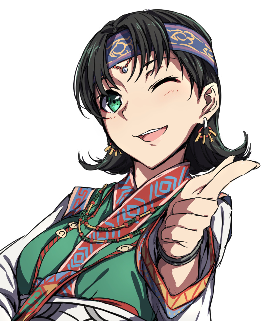 1girl black_hair earrings green_eyes headband highres jewelry necklace pointing portrait sblack smile valkyrie_profile white_background winking