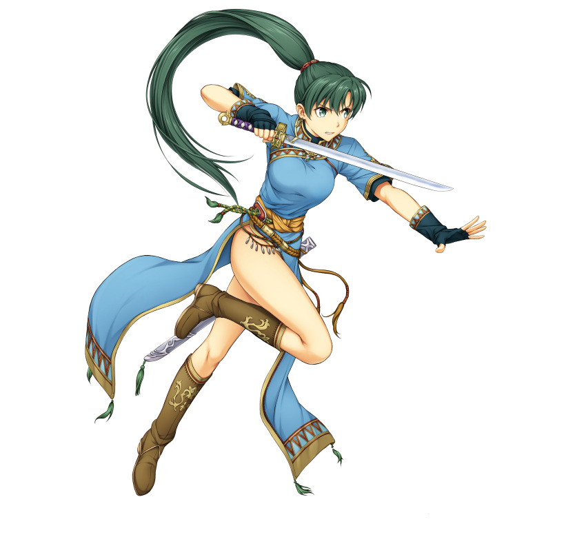 1girl absurdres attack bare_legs breasts dress fighting_stance fire_emblem fire_emblem:_rekka_no_ken fire_emblem_heroes full_body green_eyes green_hair highres holding holding_weapon leg_up long_ponytail lyndis_(fire_emblem) medium_breasts official_art pelvic_curtain side_slit simple_background solo sword weapon white_background yamada_koutarou