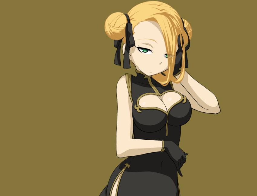 1girl :/ aoki_hagane_no_arpeggio black_dress black_gloves black_ribbon blonde_hair china_dress chinese_clothes closed_mouth double_bun dress eyes_visible_through_hair gloves green_eyes hair_over_one_eye hair_ribbon hand_on_own_face haruna_(aoki_hagane_no_arpeggio) head_tilt kamo_3 pinky_out ribbon simple_background sleeveless sleeveless_dress solo yellow_background