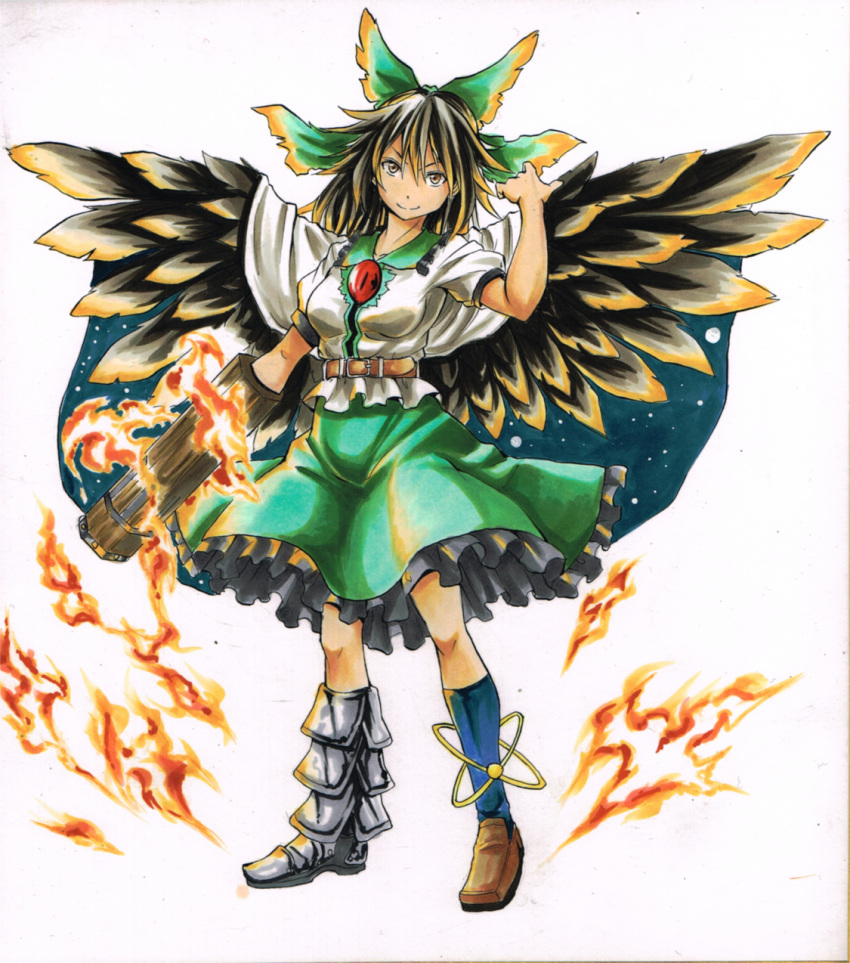 1girl arm_cannon belt black_hair black_legwear black_wings blouse bow breasts brown_eyes cape collarbone feathered_wings full_body green_skirt hair_bow highres kneehighs koji_(koji-a) loafers medium_breasts mismatched_footwear petticoat puffy_short_sleeves puffy_sleeves reiuji_utsuho shoes short_sleeves skirt smile solo touhou traditional_media weapon white_blouse wings