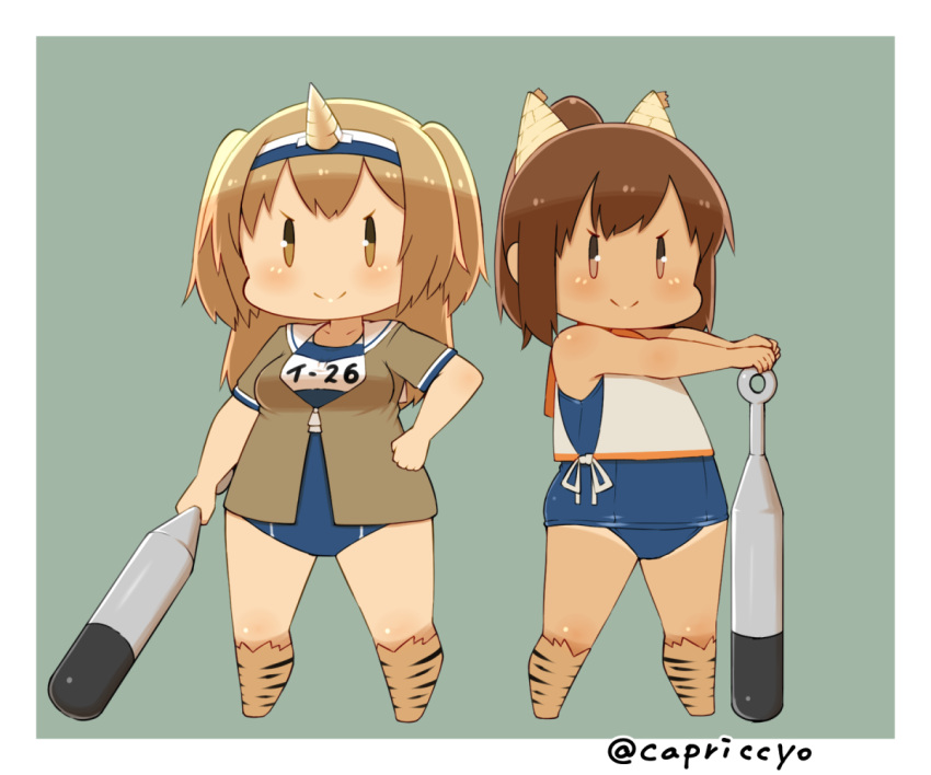2girls animal_print boots brown_eyes brown_hair capriccyo chibi club hair_ornament hairband hairclip i-26_(kantai_collection) i-401_(kantai_collection) japanese_clothes kantai_collection light_brown_eyes light_brown_hair long_hair looking_at_viewer multiple_girls new_school_swimsuit old_school_swimsuit one-piece_swimsuit oni_horns ponytail sailor_collar school_swimsuit short_hair short_sleeves side_slit smile swimsuit swimsuit_under_clothes tan tiger_print twitter_username two-tone_hairband weapon