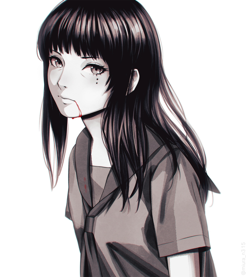 1girl bags_under_eyes bangs blood blood_from_mouth bloody_clothes blunt_bangs closed_mouth commentary expressionless greyscale highres hitsuji_no_uta japanese_clothes lips long_hair looking_at_viewer miura-n315 mole mole_under_eye monochrome nose sailor_collar school_uniform serafuku shiny shiny_hair simple_background solo spot_color takashiro_chizuna twitter_username white_background