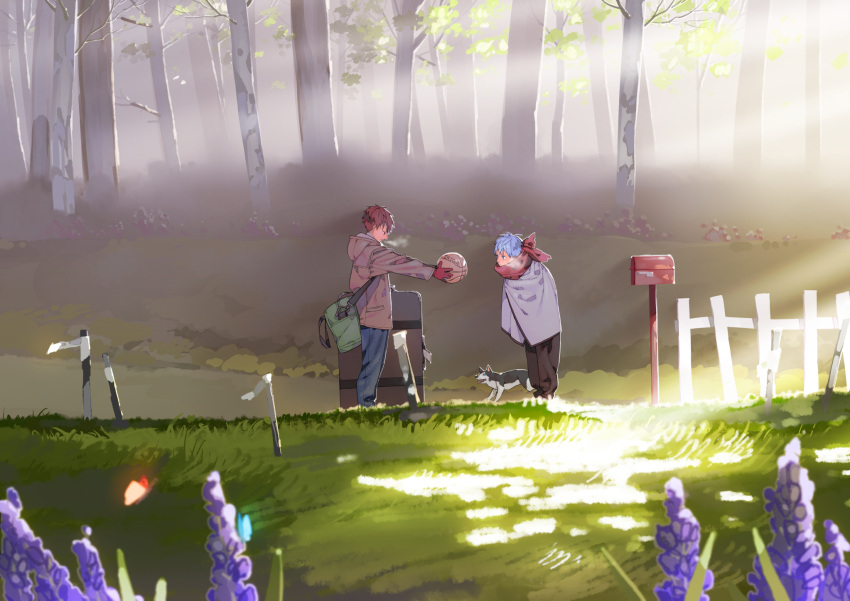 2boys animal bag ball basketball bent_over blanket blue_eyes blue_hair blurry breath broken_fence buckle butterfly cold denim depth_of_field dog eye_contact fence flower forest full_body gloves grass ground hana_bell_forest height_difference highres holding holding_ball hood hooded_jacket jacket jeans kagami_taiga kuroko_no_basuke kuroko_tetsuya leaf light long_sleeves looking_at_another looking_down luggage mailbox male_focus morning multiple_boys nature offering outdoors pants plant pocket red_eyes redhead romaji scenery standing suitcase sunlight tetsuya_ni_gou tree tree_branch wisteria younger