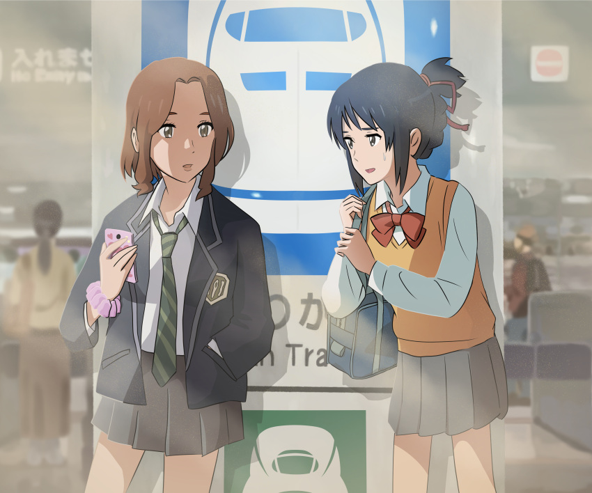 2girls absurdres bag black_hair blurry brown_eyes brown_hair commentary_request depth_of_field green_necktie hair_ribbon hand_in_pocket heizou_(hezo3361) highres holding holding_phone kimi_no_na_wa long_sleeves miyamizu_mitsuha multiple_girls necktie no_entry_sign okudera_miki phone red_ribbon ribbon school_uniform scrunchie striped striped_necktie sweatdrop train_station wrist_scrunchie younger