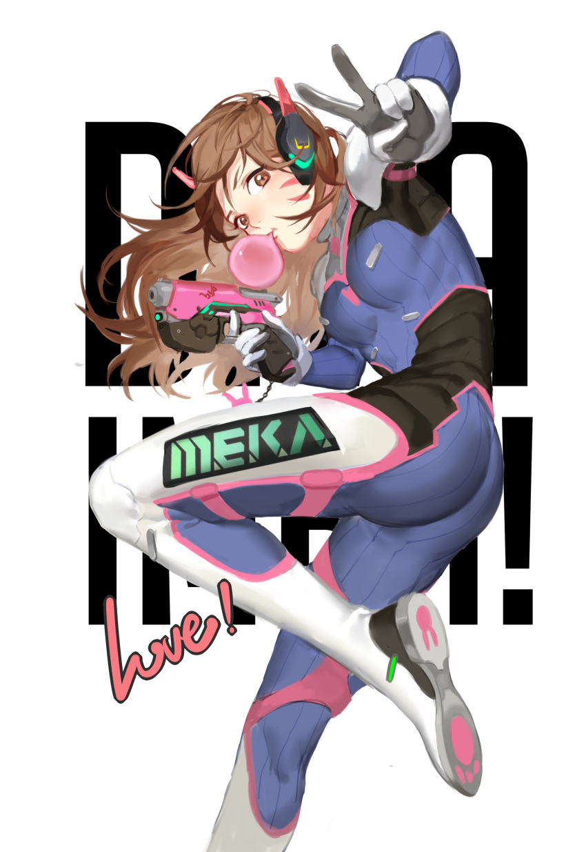 1girl absurdres acronym ass blue_bodysuit bodysuit breasts brown_eyes brown_hair bubble_blowing character_name chewing_gum cowboy_shot d.va_(overwatch) facepaint facial_mark from_behind from_side gloves gun handgun headphones high_collar highres holding holding_gun holding_weapon leg_up long_hair looking_at_viewer medium_breasts one_leg_raised overwatch pilot_suit pistol ribbed_bodysuit shoulder_pads shuaiaba sitting skin_tight solo standing standing_on_one_leg v weapon whisker_markings white_gloves white_legwear