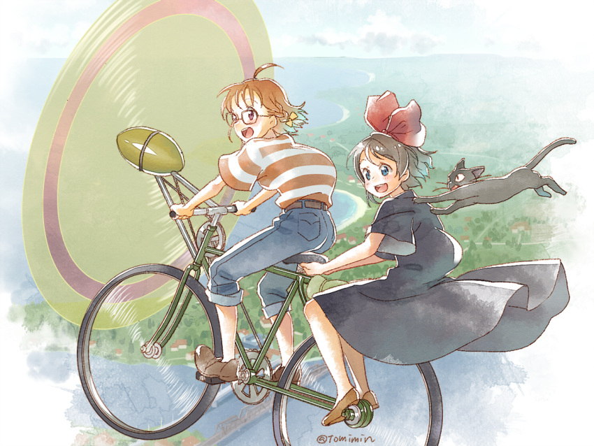 2girls :d ahoge bespectacled bicycle black_cat blue_dress blue_eyes bow brown_shoes cat cosplay denim dress flying glasses grey_hair ground_vehicle hair_bow jeans kiki kiki_(cosplay) love_live! love_live!_sunshine!! majo_no_takkyuubin multiple_girls open_mouth orange_hair pants pants_rolled_up propeller red_bow riding_bike shirt shoes short_hair smile striped striped_shirt takami_chika tandem_bicycle tombo tombo_(cosplay) tomiwo twitter_username violet_eyes watanabe_you