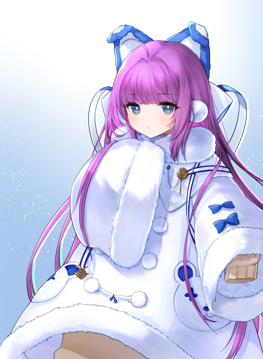 1girl absurdres animal_ears azur_lane blue_eyes blush coat dress earmuffs eyebrows_visible_through_hair fake_animal_ears fur_trim gradient gradient_background hair_ornament hair_ribbon highres long_hair long_sleeves looking_at_viewer purple_hair ribbon sleeves_past_wrists solo sweater tashkent_(azur_lane) thigh-highs very_long_hair white_coat white_legwear winter_clothes zkun4445