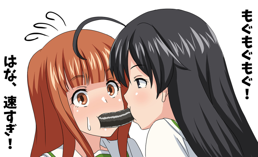 2girls ahoge bangs black_eyes black_hair blunt_bangs blush circle_echime eating ehoumaki food girls_und_panzer isuzu_hana long_hair makizushi multiple_girls open_mouth orange_eyes orange_hair pocky pocky_kiss school_uniform setsubun shared_food sushi takebe_saori translation_request yuri