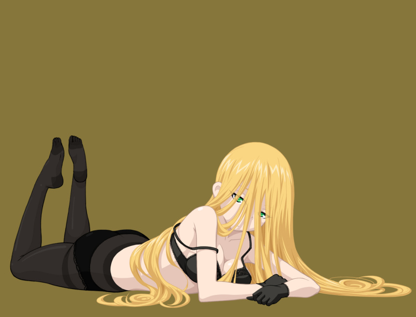 1girl :/ aoki_hagane_no_arpeggio ass black_bra black_gloves black_panties blonde_hair bra breasts butt_crack cleavage closed_mouth collarbone eyes_visible_through_hair feet full_body gloves green_eyes hair_over_eyes haruna_(aoki_hagane_no_arpeggio) head_tilt kamo_3 legs_up long_hair looking_at_viewer lying medium_breasts no_shoes on_stomach panties panties_under_pantyhose pantyhose simple_background solo strap_slip thighband_pantyhose underwear very_long_hair yellow_background