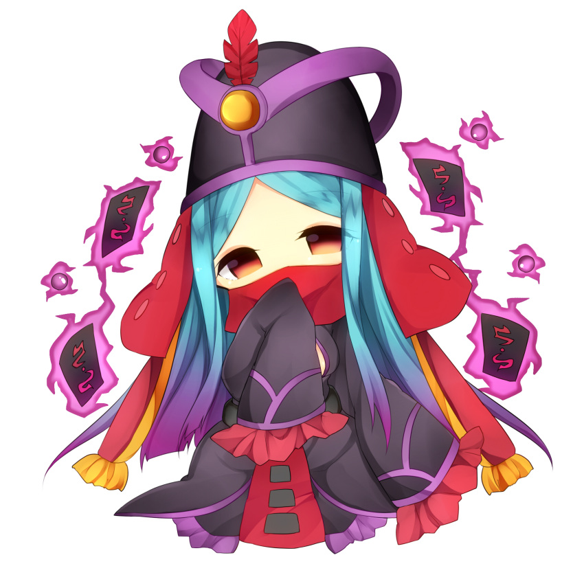 1girl a-iueo blue_hair brave_frontier card chibi dress feathers hat highres lily_(brave_frontier) long_hair multicolored_hair purple_hair red_eyes simple_background solo two-tone_hair veil very_long_hair white_background