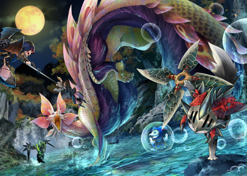 1boy 1girl arm_support armor astalos_(armor) battle breastplate bubble cat claws dual_wielding felyne full_armor full_moon fur fuse_ryuuta gauntlets handstand helmet holding holding_sword holding_weapon looking_at_another malfestio_(armor) mask mizutsune monster_hunter monster_hunter_x moon night open_mouth outdoors pauldrons rathalos_(armor) running scar scar_across_eye sharp_teeth sword tail teeth thigh-highs tree upside-down water waterfall weapon wyvern