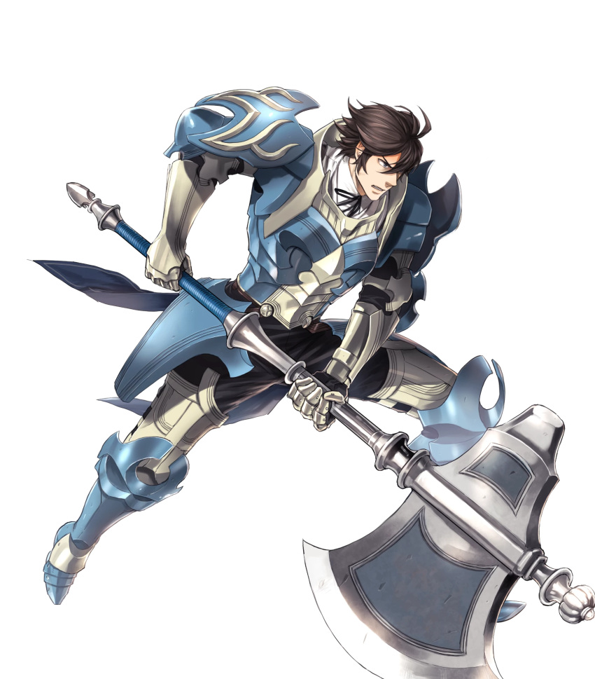 1boy armor axe black_pants blue_armor blue_eyes brown_hair coattails fire_emblem fire_emblem:_kakusei fire_emblem_heroes frederik_(fire_emblem) gauntlets greaves highres holding_axe male_focus official_art pants serious shiny shiny_clothes short_hair shoulder_armor solo suekane_kumiko undershirt weapon