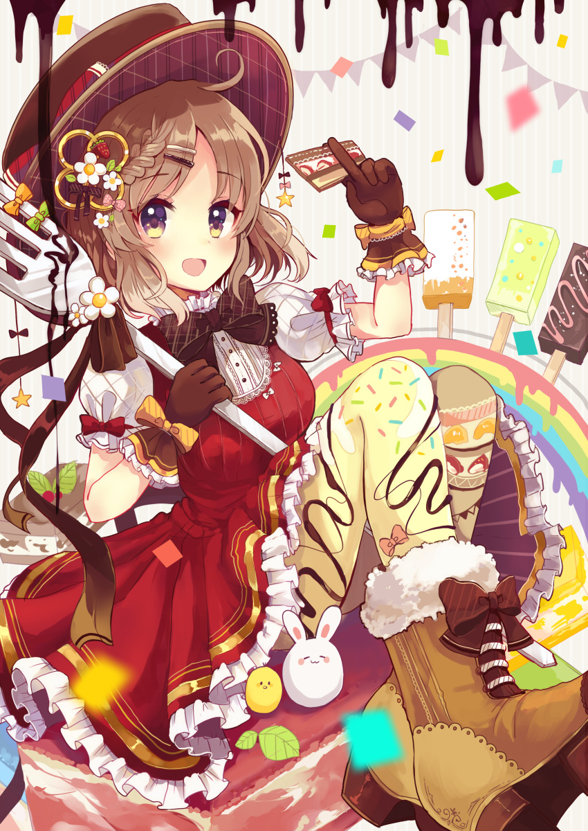 1girl :d absurdres ahoge between_fingers black_bow black_bowtie black_ribbon boots bow bowtie braid brown_boots brown_hair chocolate_syrup commentary_request confetti dress food fork frilled_dress frilled_gloves frilled_sleeves frills fur-trimmed_boots fur_trim glove_bow gloves hair_ornament hairpin hat hat_bow highres kanzashi looking_at_viewer making_of mismatched_legwear niikura_kaori open_mouth original oversized_object plaid plaid_bow popsicle red_dress ribbon short_hair short_sleeves sitting_on_food smile solo thigh-highs valentine violet_eyes