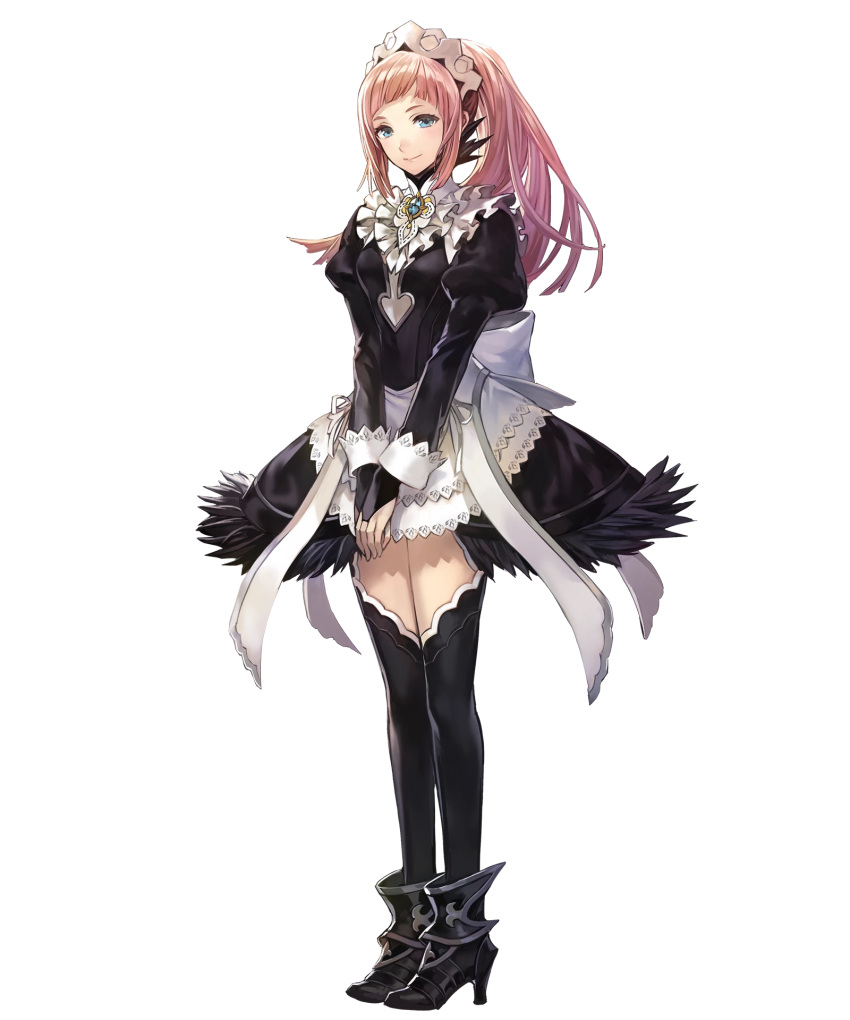 1girl ankle_boots black_footwear black_legwear blue_eyes boots closed_mouth felicia_(fire_emblem_if) female fire_emblem fire_emblem_heroes fire_emblem_if frills full_body gem hakou_(barasensou) high_heels highres juliet_sleeves long_hair long_sleeves looking_at_viewer maid maid_headdress official_art pink_hair ponytail puffy_long_sleeves puffy_sleeves ribbon shoes simple_background smile solo standing thigh-highs thighhighs transparent_background zettai_ryouiki