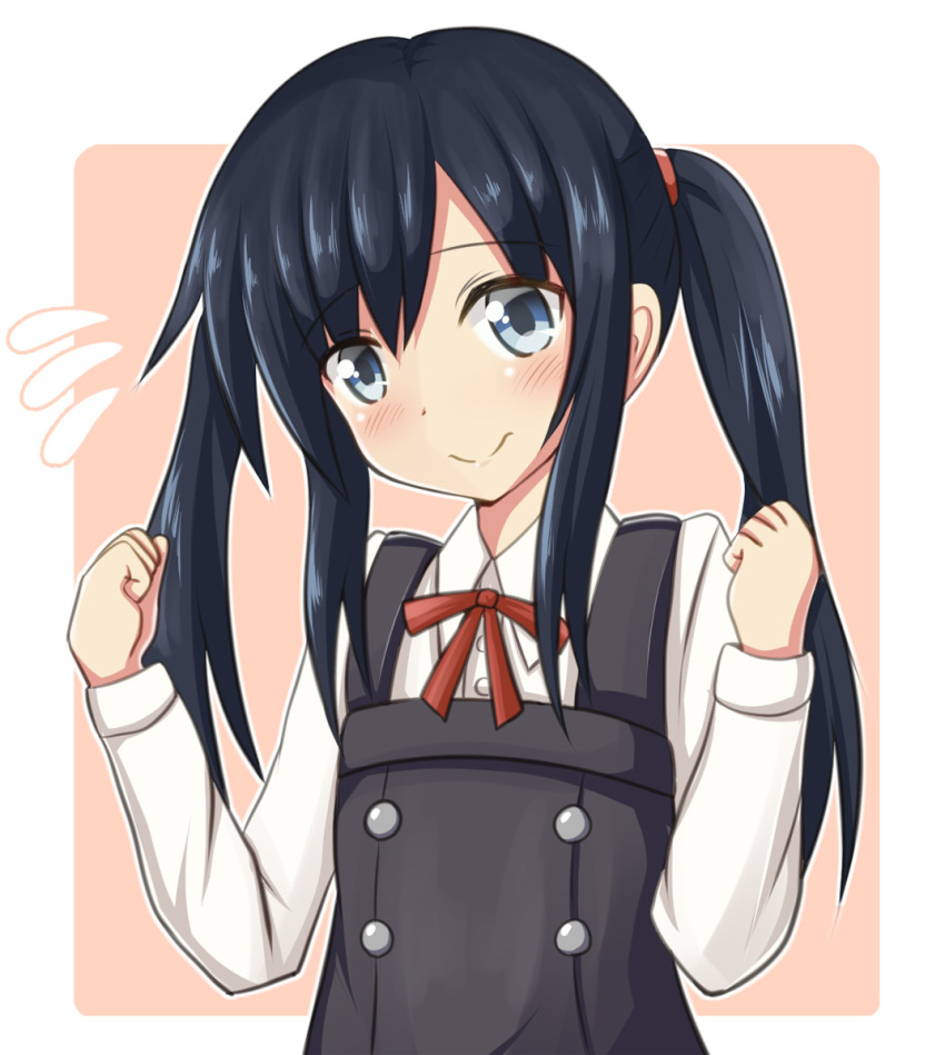 1girl alternate_hairstyle asashio_(kantai_collection) bangs black_dress black_hair blue_eyes blush buttons clenched_hands dress dress_shirt eyebrows_visible_through_hair flying_sweatdrops kantai_collection long_sleeves looking_at_viewer neck_ribbon outline pinafore_dress red_ribbon remodel_(kantai_collection) ribbon shirt smile solo tamayan twintails twintails_day upper_body white_outline white_shirt