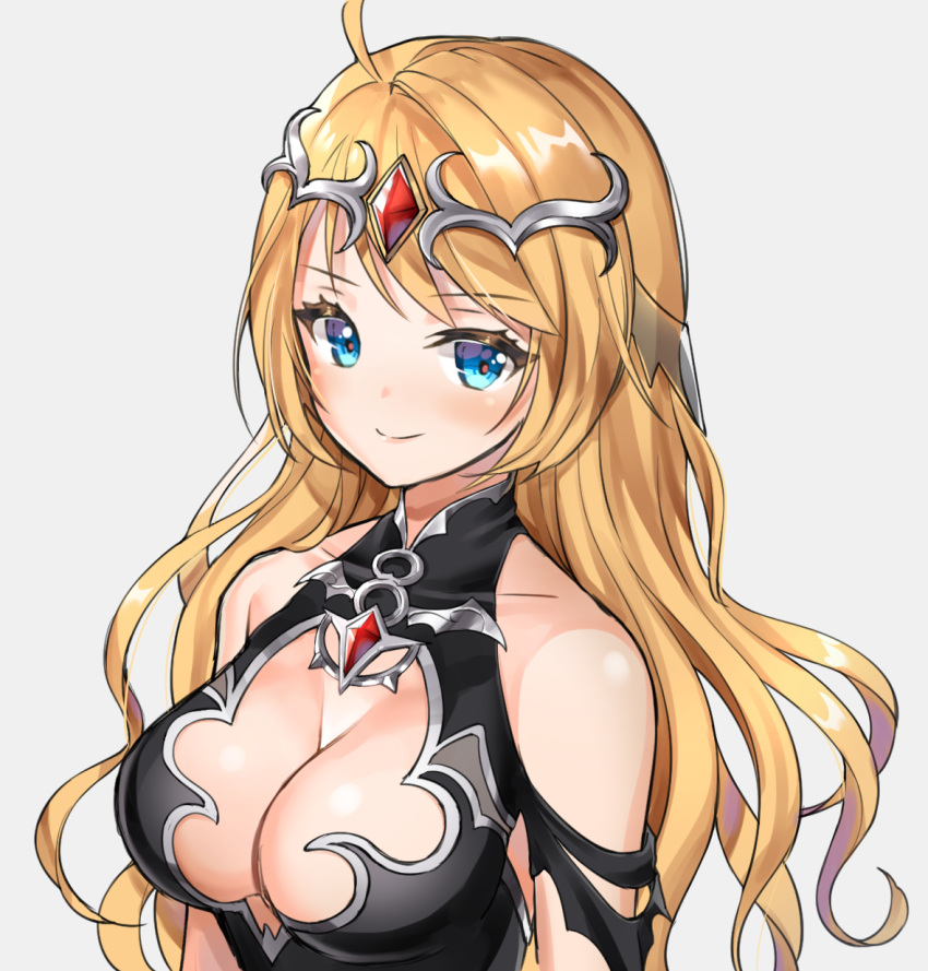 1girl ahoge artemia_(king's_raid) blonde_hair blue_eyes breasts chibi_vanille cleavage cleavage_cutout collarbone gem highres king's_raid large_breasts long_hair looking_at_viewer shoulders simple_background sleeveless smile solo tiara upper_body