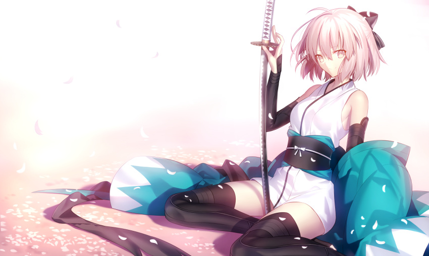 1girl :/ ahoge armor bangs bare_shoulders black_bow black_legwear black_scarf bow breasts closed_mouth fate/grand_order fate_(series) from_side hair_bow highres japanese_armor japanese_clothes katana kimono koha-ace kote looking_at_viewer looking_to_the_side medium_breasts obi official_style pink_hair planted_sword planted_weapon sakura_saber sash scarf shinooji short_kimono sitting sleeveless solo sword thigh-highs weapon yellow_eyes yokozuwari