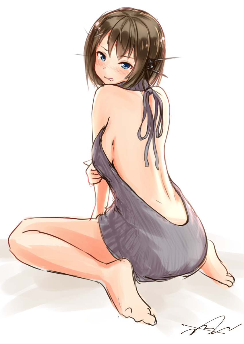 1girl artist_name backless_outfit bangs bare_back barefoot blue_eyes blush breasts brown_hair clenched_teeth dimples_of_venus dress full_body grey_sweater halterneck highres kantai_collection large_breasts looking_at_viewer looking_back maya_(kantai_collection) naked_sweater open-back_dress parted_lips short_hair sideboob signature simple_background sitting sketch solo sweater sweater_dress teeth turtleneck turtleneck_sweater virgin_killer_sweater wariza wattsu white_background