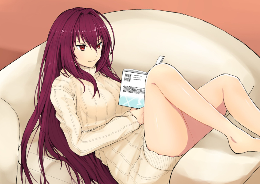 1girl bangs barefoot book breasts closed_mouth couch dress eyebrows_visible_through_hair fate/grand_order fate_(series) hair_between_eyes highres holding holding_book indoors ito_(silk9f) knees_up large_breasts light_smile long_hair on_couch open_book purple_hair reading red_eyes ribbed_sweater scathach_(fate/grand_order) sitting solo sweater sweater_dress turtleneck turtleneck_sweater