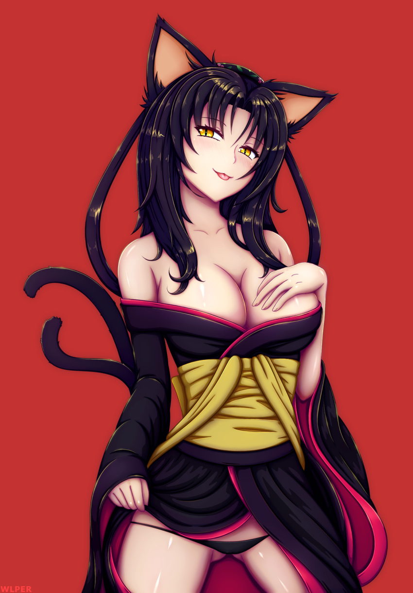 1girl :3 :p animal_ears artist_name bare_shoulders black_hair black_panties blush breasts cat_ears cat_tail cleavage hair_rings hairband high_school_dxd highres japanese_clothes kimono kuroka_(high_school_dxd) large_breasts long_hair multiple_tails naughty_face off_shoulder panties red_background seductive_smile slit_pupils smile solo standing tail tongue tongue_out underwear wlper yellow_eyes