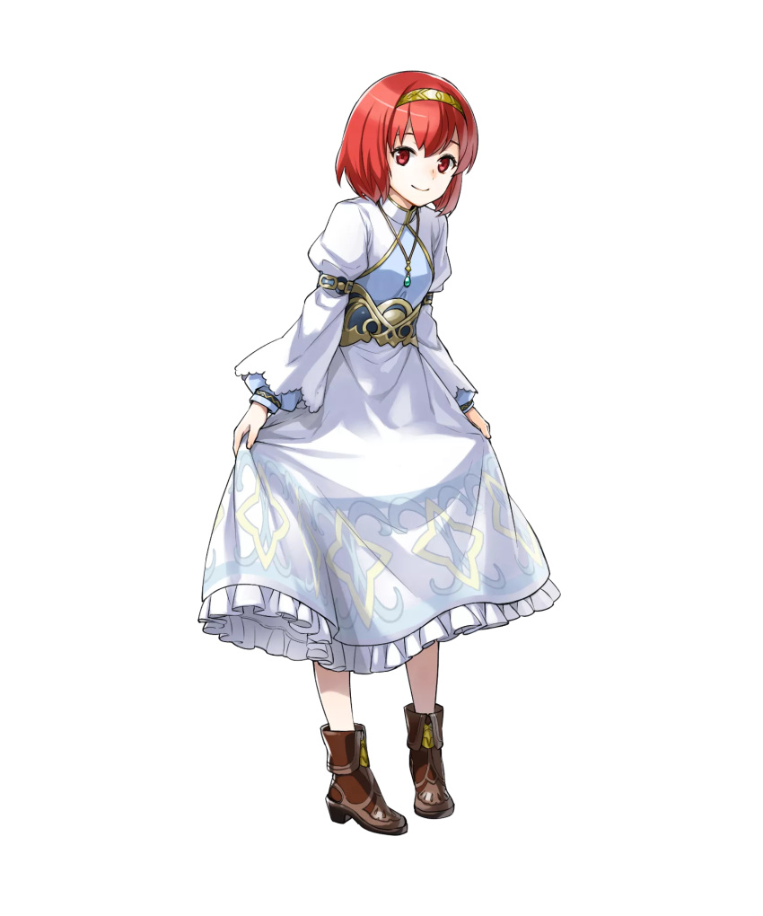 1girl boots dress fire_emblem fire_emblem:_mystery_of_the_emblem fire_emblem_heroes full_body hairband highres jewelry kaya8 maria_(fire_emblem) necklace official_art red_eyes redhead solo transparent_background white_dress