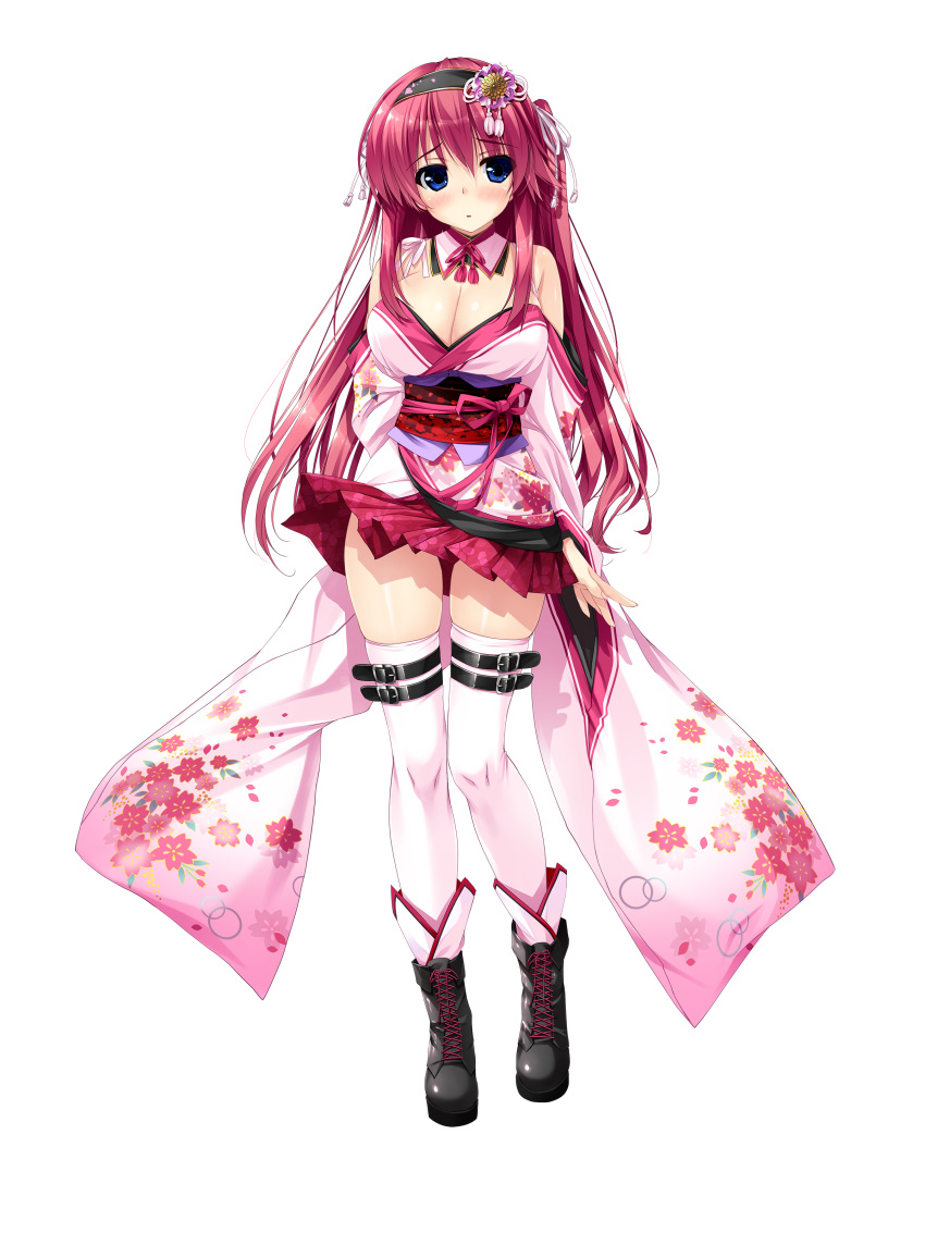 1girl :o absurdres arm_behind_back blue_eyes boots breasts cleavage detached_collar floral_print full_body hair_ornament hairband highres japanese_clothes large_breasts long_hair long_sleeves obi pink_hair pleated_skirt sash shintarou skirt solo thigh-highs white_legwear wide_sleeves