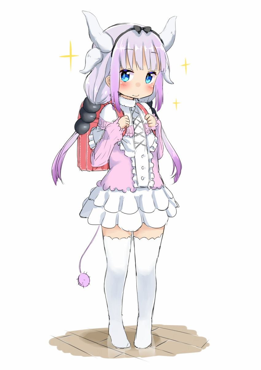 1girl backpack bag bangs blue_eyes blunt_bangs blush commentary_request dragon_girl dragon_horns dragon_tail dress full_body gradient_hair hairband highres horns kanna_kamui kobayashi-san_chi_no_maidragon lavender_hair long_hair looking_at_viewer low_twintails monster_girl multicolored_hair no_shoes sekira_ame silver_hair simple_background sketch smile solo standing tail thigh-highs tied_hair twintails white_legwear zettai_ryouiki