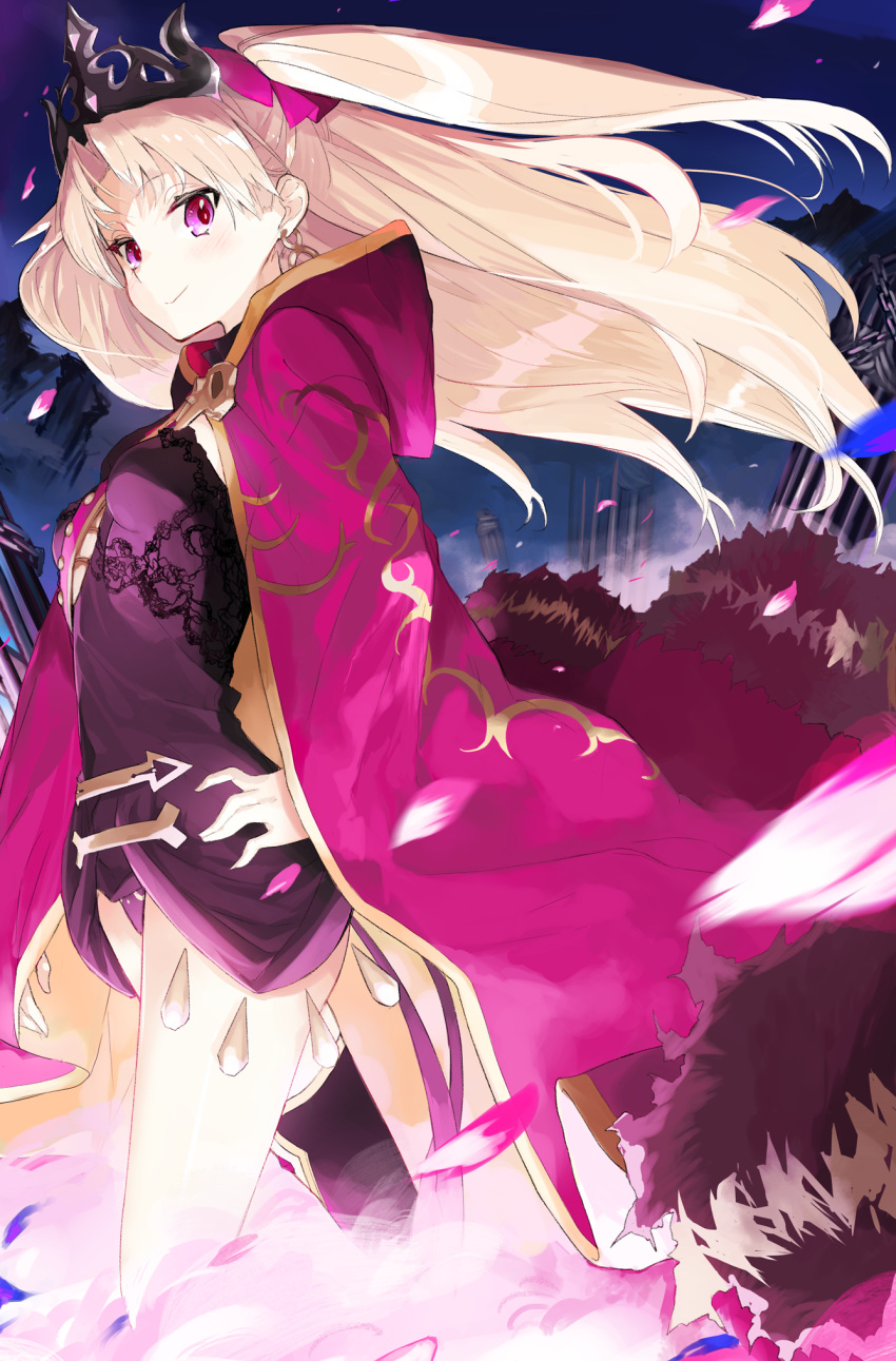 1girl blonde_hair breasts cape crown earrings ereshkigal_(fate/grand_order) fate/grand_order fate_(series) hand_on_hip highres jewelry long_hair looking_at_viewer miruto_netsuki smile solo tohsaka_rin two_side_up