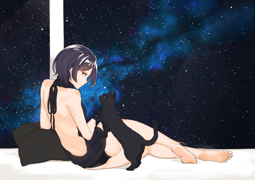 1girl ass backless_outfit bangs bare_back bare_legs barefoot black_cat black_hair black_panties cat dress eye_contact feet full_body hayami_kanade highres idolmaster idolmaster_cinderella_girls kanamura_will looking_at_another lying on_side open-back_dress panties parted_bangs pillow short_hair soles solo space star starry_background sweater sweater_dress toes turtleneck turtleneck_sweater underwear virgin_killer_sweater yellow_eyes