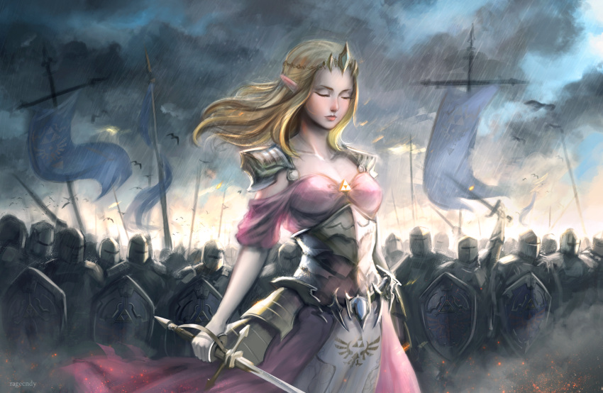 1girl absurdres armor armored_dress army blonde_hair breasts cleavage closed_eyes crown elbow_gloves faulds forehead gloves highres huge_filesize knight long_hair pauldrons pointy_ears princess_zelda rain rapier small_breasts solo_focus sword the_legend_of_zelda ushio_(starchild720) weapon white_gloves zelda_musou
