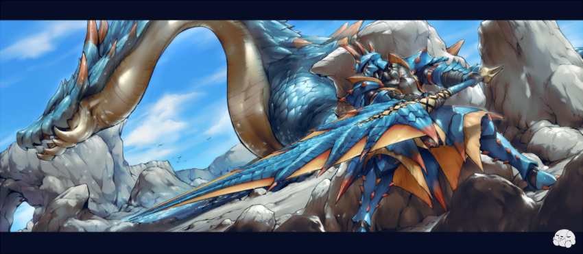 1boy armor blue_sky breastplate clouds cloudy_sky fighting_stance from_side full_armor full_body gauntlets greatsword helmet hiding holding holding_sword holding_weapon huge_weapon lagiacrus lagiacrus_(armor) letterboxed monster_hunter monster_hunter_3 orushibu outdoors pauldrons scales size_difference sky spikes standing stone sword weapon wet wyvern