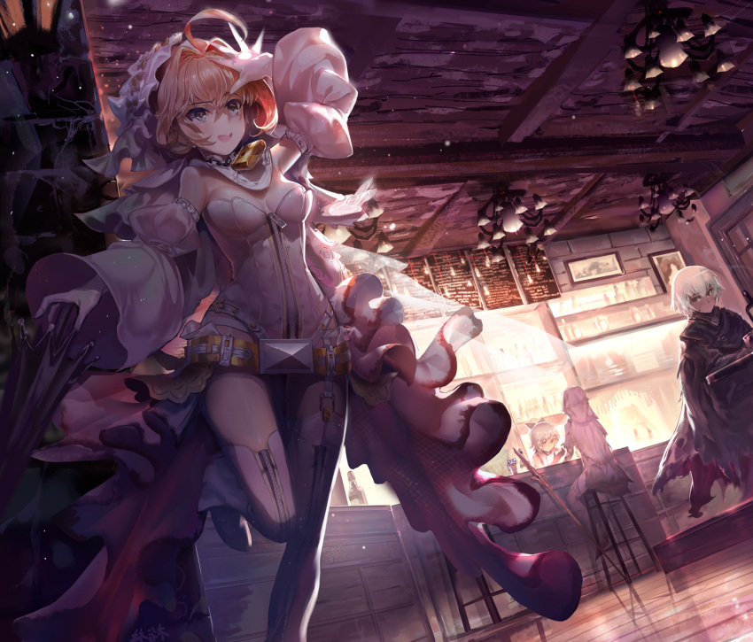 4girls :d ahoge androgynous arm_up armpits assassin_of_black backlighting bar bar_stool bare_shoulders belt blonde_hair blush boots breasts chains chandelier character_request cleavage cloak closed_umbrella detached_collar detached_sleeves dutch_angle eyebrows_visible_through_hair fate/extra fate/grand_order fate_(series) flower garter_straps gloves green_eyes hair_intakes hand_in_hair highres indoors leg_up leotard lock long_sleeves looking_at_viewer multiple_girls open_mouth padlock painting_(object) picture_frame rabbit_(tukenitian) reflection saber_bride saber_extra sakura_saber scar scathach_(fate/grand_order) short_hair silver_hair sitting smile solo_focus standing standing_on_one_leg stool strapless strapless_leotard sword thigh-highs thigh_boots umbrella veil weapon white_boots white_gloves white_legwear white_leotard wide_sleeves wooden_floor zipper