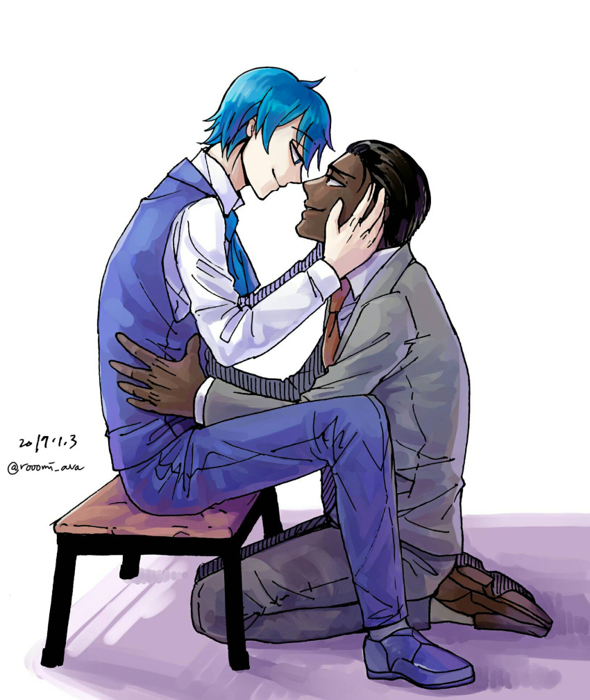 2boys akutoku_no_judgement_(vocaloid) black_hair blue_eyes blue_hair bruno_zero dark_skin dark_skinned_male evillious_nendaiki eye_contact formal gallerian_marlon hair_slicked_back hands_on_another's_face highres incipient_kiss kaito looking_at_another male_focus multiple_boys parted_lips rooomi sitting suit twitter_username waist_hold waistcoat yaoi