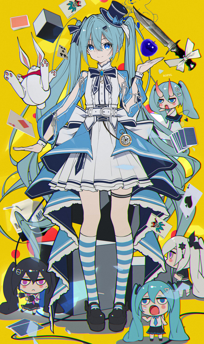 3girls absurdres ace_(playing_card) ace_of_diamonds ace_of_spades apple aqua_hair black_bow black_hair black_shoes blue_brooch blue_dress blue_eyes blush_stickers bow card character_request chibi chromatic_aberration commentary_request copyright_request dagger diamond_(shape) dress five_of_clubs food footwear_bow fruit hat hatsune_miku highres horns joker_(playing_card) kneehighs knife long_hair milk_carton mini_hat mini_top_hat multiple_girls multiple_persona playing_card rabbit sanpaku shoes simple_background skin-covered_horns socks spade_(shape) striped_clothes striped_socks tiandingfengren top_hat twintails very_long_hair violet_eyes vocaloid weapon white_hair yellow_background