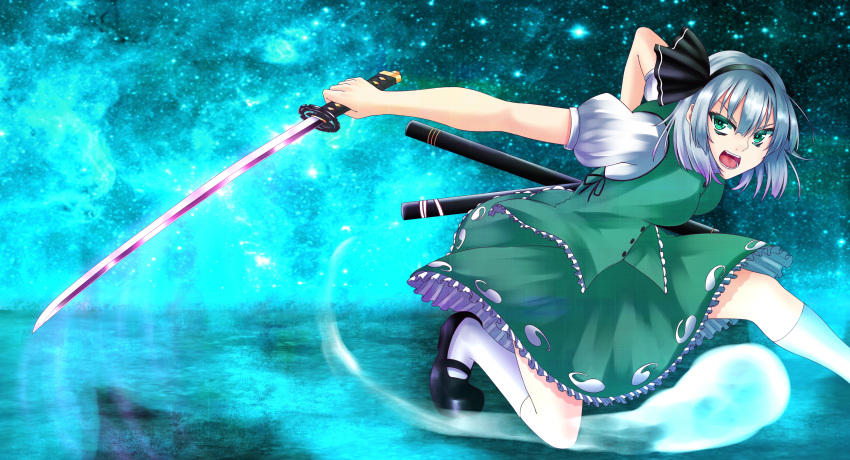 &gt;:d 1girl :d absurdres angry bad_anatomy bangs black_hairband black_shoes blunt_bangs breasts buttons eyebrows_visible_through_hair fighting_stance frilled_skirt frills full_body glowing glowing_sword glowing_weapon gradient_hair green_eyes green_skirt green_vest hair_between_eyes hair_ribbon hairband highres hitodama holding holding_sword holding_weapon katana kneehighs konpaku_youmu konpaku_youmu_(ghost) looking_at_viewer looking_to_the_side mary_janes medium_breasts multicolored_hair one_knee open_mouth outstretched_arm petals puffy_short_sleeves puffy_sleeves purple_hair ribbon scabbard serious sheath shoes short_hair short_sleeves shouting silver_hair skirt skirt_set smile solo star starry_background sword touhou two-tone_hair unsheathed vest weapon white_legwear zeramu