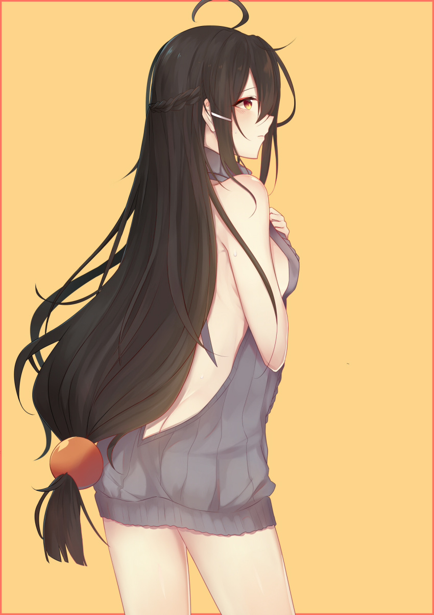1girl ahoge ara_han ass back backless_outfit bangs bare_back bare_shoulders border braid breasts brown_eyes closed_mouth cowgirl_position dress egg_(pixiv5295587) egg_(rxlal) elsword french_braid from_side grey_dress grey_sweater hair_between_eyes hair_bobbles hair_ornament hairclip half_updo halterneck hands_up highres legs_apart long_hair looking_away low-tied_long_hair medium_breasts naked_sweater no_bra no_panties no_underwear open-back_dress profile red_border ribbed_sweater sideboob simple_background solo straddling sweater sweater_dress turtleneck turtleneck_sweater very_long_hair virgin_killer_sweater yellow_background