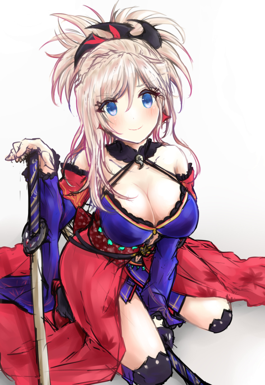 1girl blue_eyes blush breasts detached_sleeves earrings fate/grand_order fate_(series) furan_(marina6123) hair_ornament highres japanese_clothes jewelry katana kimono large_breasts looking_at_viewer miyamoto_musashi_(fate/grand_order) obi ponytail sash smile solo sword thigh-highs weapon
