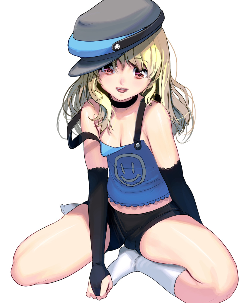 1girl bare_shoulders bike_shorts blonde_hair breasts bridal_gauntlets fangs feet hands_on_feet hat highres long_hair looking_at_viewer masao no_shoes open_mouth original red_eyes simple_background sitting small_breasts smile socks solo strap_slip