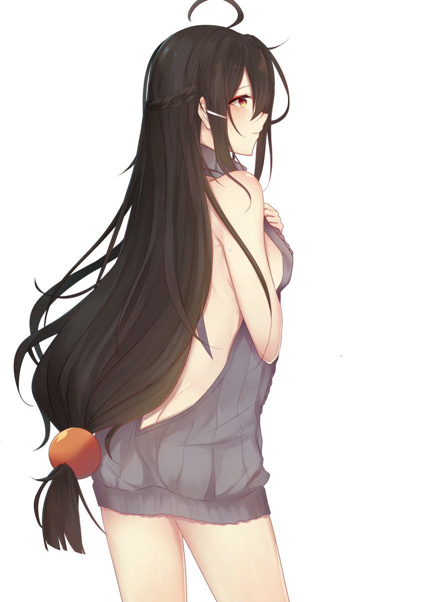 1girl ahoge ara_han ass back backless_outfit bangs bare_back bare_shoulders braid breasts brown_eyes butt_crack closed_mouth cowgirl_position dress egg_(pixiv5295587) egg_(rxlal) elsword french_braid from_side grey_dress grey_sweater hair_between_eyes hair_bobbles hair_ornament hairclip half_updo halterneck hands_up highres legs_apart long_hair looking_away medium_breasts naked_sweater no_bra no_panties no_underwear open-back_dress profile ribbed_sweater sideboob simple_background solo straddling sweater sweater_dress turtleneck turtleneck_sweater very_long_hair virgin_killer_sweater white_background