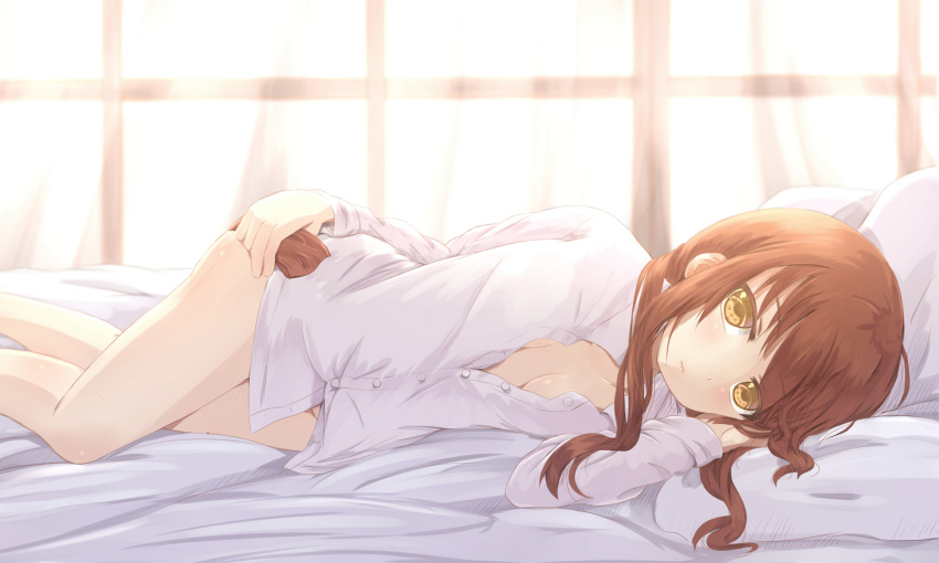 1girl bare_legs bed_sheet blouse bottomless breasts brown_hair colored_eyelashes curtains hair_between_eyes highres hikari_niji inazuma_(kantai_collection) indoors kantai_collection long_hair looking_at_viewer lying naked_shirt on_side sidelocks sleepwear small_breasts thighs white_blouse window yellow_eyes