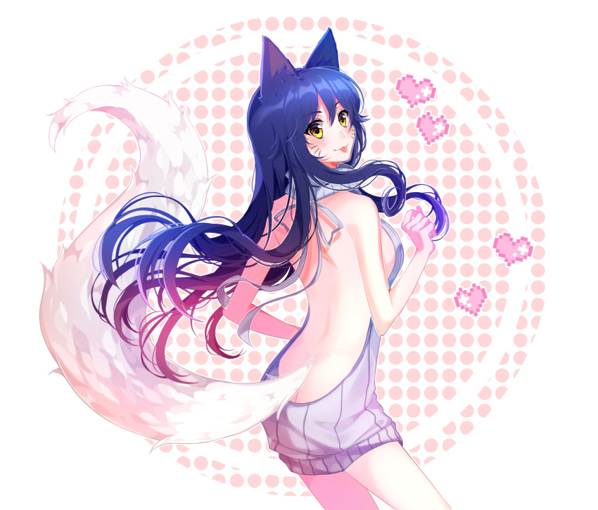 1girl :p ahri animal_ears ass back backless_outfit bare_back bare_shoulders blue_hair blush breasts butt_crack cowboy_shot dress eyebrows_visible_through_hair facial_mark fox_ears fox_tail from_behind grey_dress grey_sweater hair_between_eyes halterneck hands_up heart highres league_of_legends legs_apart long_hair looking_at_viewer looking_back medium_breasts naked_sweater no_bra no_panties no_underwear open-back_dress purple_hair ribbed_sweater savi_(byakushimc) sideboob smile solo sweater sweater_dress tail tongue tongue_out turtleneck turtleneck_sweater virgin_killer_sweater whisker_markings yellow_eyes