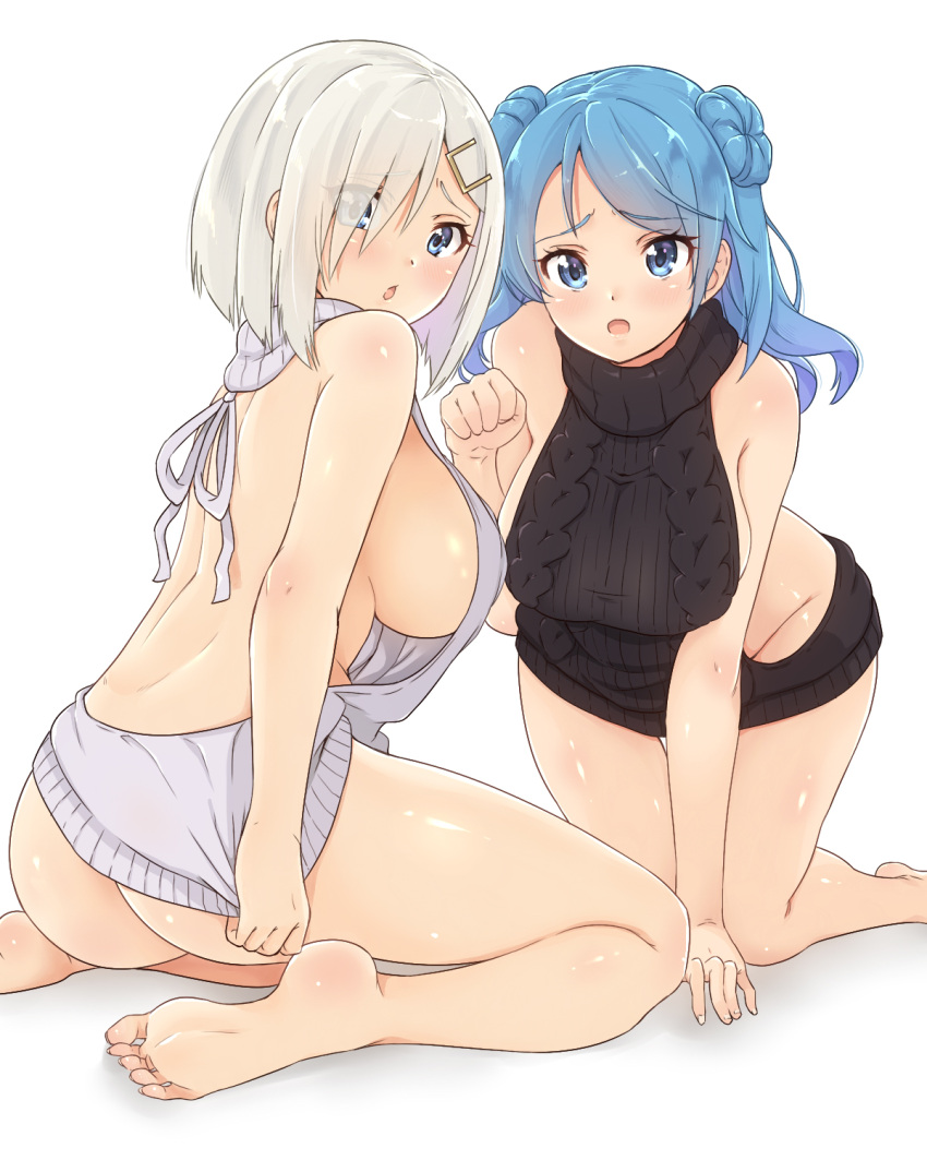 2girls alternate_costume ass backless_outfit bare_back bare_legs bare_shoulders barefoot blue_eyes blue_hair breasts butt_crack chestnut_mouth double_bun dress eyes_visible_through_hair from_behind groin hair_ornament hair_over_one_eye hairclip hamakaze_(kantai_collection) highres kantai_collection large_breasts long_hair looking_at_viewer multiple_girls naked_sweater no_bra no_panties open_mouth ribbed_sweater sarfata short_hair sideboob silver_hair sitting sweater sweater_dress thighs toes turtleneck turtleneck_sweater urakaze_(kantai_collection) virgin_killer_sweater