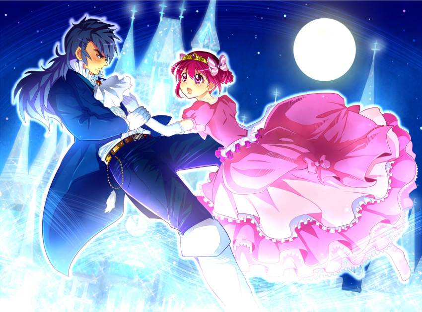 belt black_hair blush boots bow castle dress elbow_gloves formal frown full_moon gloves hair_bow honchu hoshizora_miyuki jacket moon pink_dress pink_eyes pink_hair precure sky smile_precure! star_(sky) starry_sky tiara white_boots white_gloves wolfrun