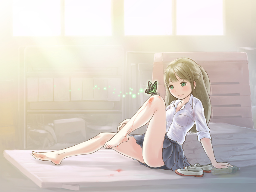1girl arm_support bare_legs barefoot blood bottle brown_hair butterfly dripping expressionless feet green_eyes gym_storeroom highres injury long_hair pleated_skirt poronpuu school_uniform scraped_knee shoes shoes_removed sitting skirt solo uwabaki water_bottle