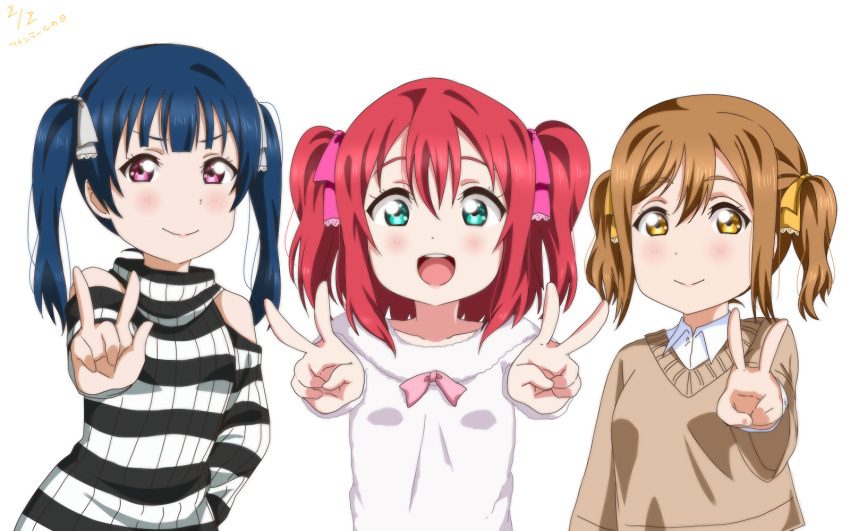 &gt;:) 3girls :d alternate_hairstyle aqua_eyes bangs blue_hair brown_eyes brown_hair dated double_v hair_ribbon highres kunikida_hanamaru kurosawa_ruby looking_at_viewer love_live! love_live!_sunshine!! multiple_girls open_mouth pink_ribbon redhead ribbed_sweater ribbon shoulder_cutout simple_background smile sooki striped striped_sweater sweater tsushima_yoshiko twintails twintails_day two_side_up upper_body v violet_eyes white_background white_ribbon yellow_ribbon