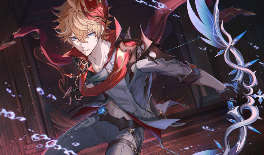 1boy ahoge bangs black_gloves blonde_hair blue_eyes bow_(weapon) cape collarbone collared_shirt commentary crossed_bangs darkavey earrings english_commentary fighting_stance gem genshin_impact gloves grey_jacket grey_pants hair_between_eyes half_gloves highres holding holding_bow_(weapon) holding_weapon indoors jacket jewelry long_sleeves looking_at_viewer male_focus mask mask_on_head navel orange_hair pants parted_lips polar_star_(genshin_impact) red_cape red_mask red_scarf red_shirt scarf shirt short_hair single_earring sleeves_rolled_up smile solo standing stomach tartaglia_(genshin_impact) vision_(genshin_impact) water water_drop weapon