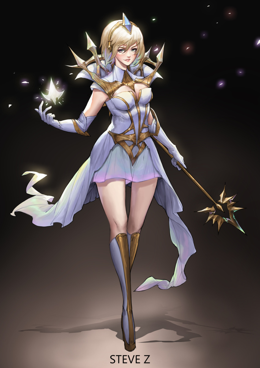1girl absurdres bangs blonde_hair blush boots breasts cleavage cleavage_cutout collar dress elbow_gloves elementalist_lux eyebrows_visible_through_hair eyeliner full_body gem gloves green_eyes hair_between_eyes hair_ornament hairband hand_up headgear highres holding holding_staff knee_boots league_of_legends legs_crossed lips looking_at_viewer luxanna_crownguard makeup medium_breasts nose parted_lips pink_lips shadow shards short_dress short_hair smile solo spiked_collar spikes staff standing steve_zheng tiara watson_cross white_boots white_dress white_gloves